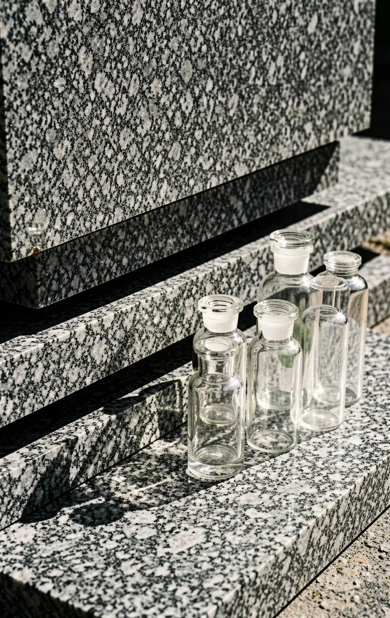 Minimalist architectural stone and glass representation